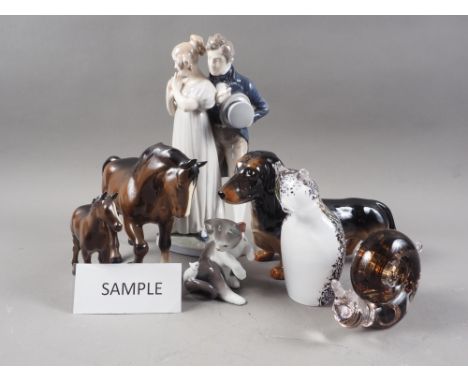 A Beswick horse and foal model, a Beswick Dachshund, a Lladro cat and mouse, a Wedgwood cat, a Wedgwood snail and other decor