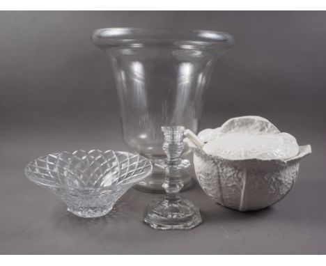 A Baccarat glass candlestick, 7 1/2" high, a glass flared rim vase, a cut glass bowl, and a ceramic cabbage bowl and ladle 