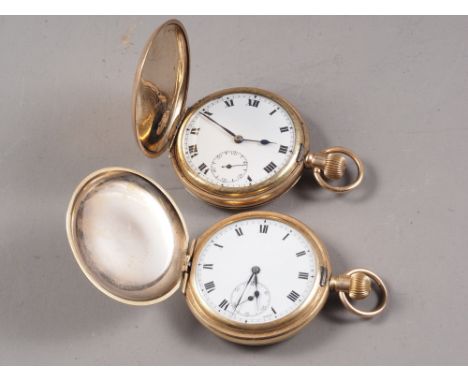 A Record rolled gold cased full hunter pocket watch with white enamel dial and Roman numerals, and another similar 