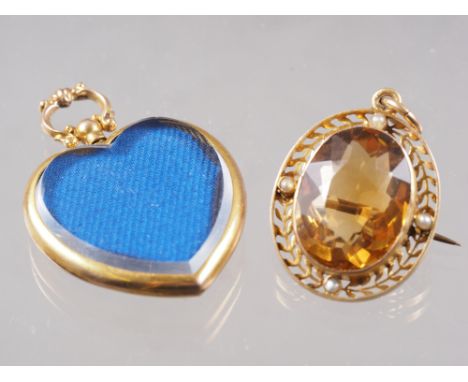 A 9ct gold heart-shaped pendant locket and a yellow metal, citrine and pearl set pendant brooch 
