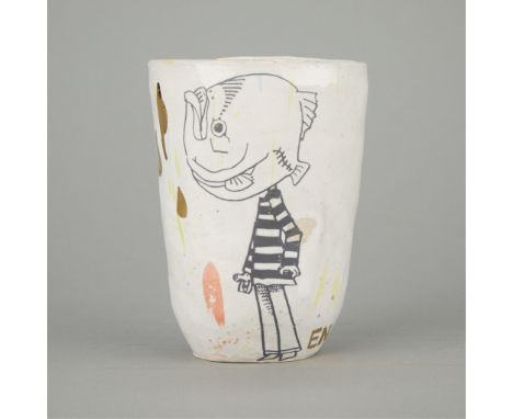 En Iwamura (Japanese, b. 1988). Studio ceramic pottery cup depicting a stylized and abstract fish-headed human figure accente