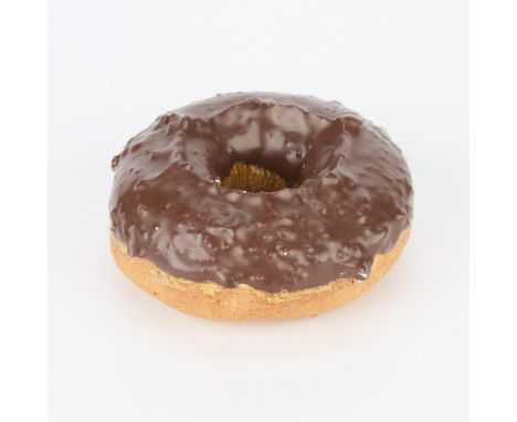 David Gilhooly (American, 1943-2013). Small studio ceramic sculpture depicting a realistic chocolate frosted cake donut, 1981