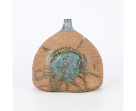 Don Reitz (American, 1929-2014). Studio ceramic jug or vase with a glazed blue burst design sprawling along the unglazed exte