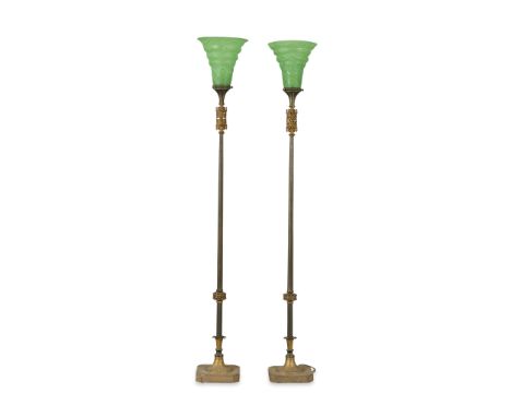 Pair of two vintage bronze or brass torchiere floor lamps with frosted emerald green glass shades, 20th century. With etched 