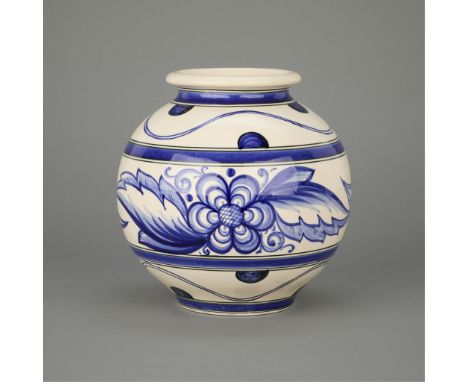 Weller Pottery, Zanesville, Ohio, USA. Ceramic pottery DeDonatis spherical vase decorated in blue and white. Incised "Weller 