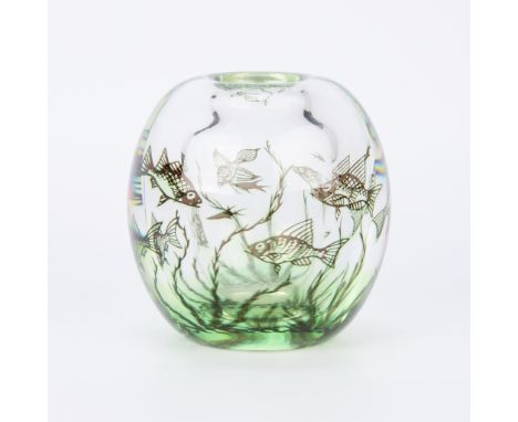 Edward Hald (Swedish, 1883-1990) for Orrefors, Sweden. Blown glass vase made in the "graal" technique depicting an aquatic sc
