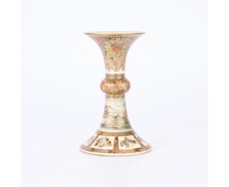Yabu Meizan (Japanese, 1853-1934). Meiji era Japanese satsuma ceramic trumpet or ikebana vase, late 19th century. With enamel