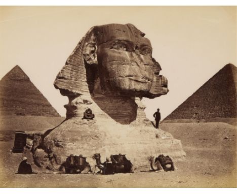 Adelphoi Zangaki, Greece. Late 19th century albumen photograph print depicting the Great Sphinx and two of the pyramids of Gi