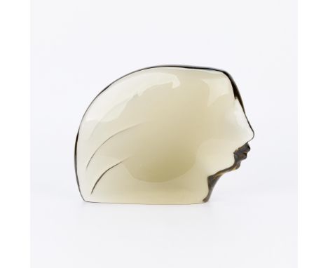 Ermanno Nason (Italian, 1928-2013). Hand-blown smoked Murano glass sculpture in the form of a woman's face, 1948. Etched sign