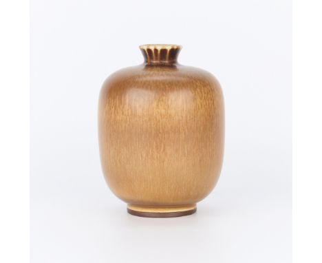 Berndt Friberg (Swedish, 1899-1991) for Gustavsberg, Sweden. Handmade ceramic vase of a rounded, bulbous form surmounted by a