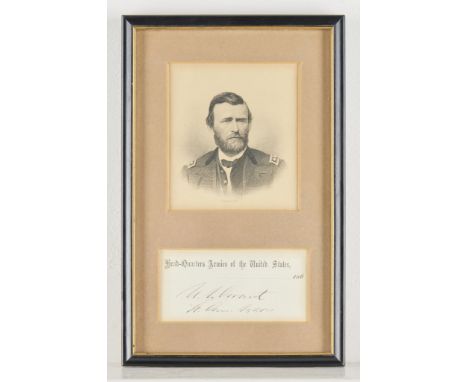 Signature of 18th President Ulysses S. Grant framed with an etching portrait of the President. The etching with "B.W. Smith N