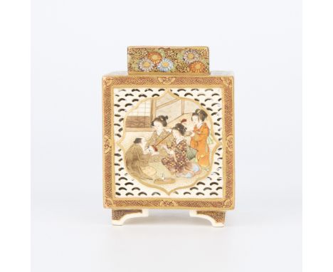 Okamoto Ryozan (Japanese, 1853-1934) for Yasuda Company, Japan. Meiji era Japanese reticulated satsuma ceramic koro censer or