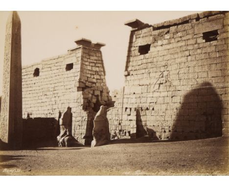 Maison Bonfils (France). Late 19th to early 20th century albumen photograph print depicting the first pylon of the Luxor Temp