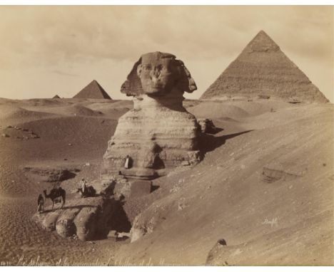 Maison Bonfils (France). Late 19th to early 20th century albumen photograph print depicting The Great Sphinx and the Pyramids