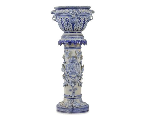 Continental ceramic blue and grey jardiniere pedestal, possibly German, in the style of Westerwald pottery, ca. late 19th to 