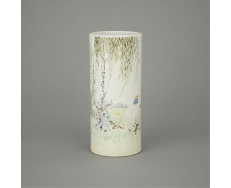 Chen Wannian (Chinese, 20th century). Tall, cylindrical Qianjiang cai ceramic vase or pot, 20th century. With painted over-gl