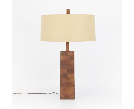 Gordon and Jane Martz for Marshall Studios. Mid-century modern stacked walnut table lamp with a linen shade.Height: 30 in x w