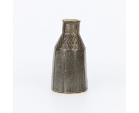 Carl-Harry Stalhane (Swedish, 1920-1990) for Rorstrand, Sweden. Ceramic faceted vase featuring a crosshatch pattern along the