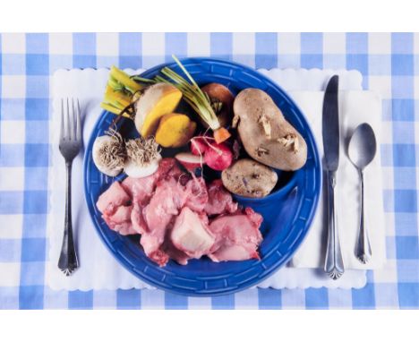 John Waters (American, b. 1946). C-print photograph titled "Blue Plate Special" depicting a full plate on a blue gingham tabl