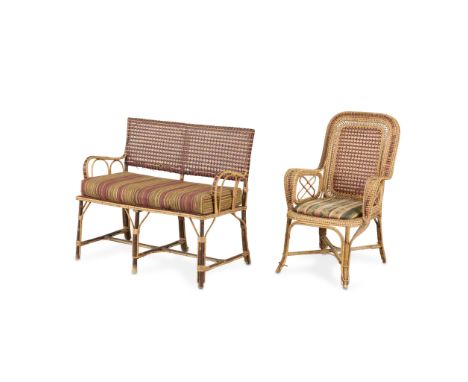 Perret and Vibert, France. Group of two Perret and Vibert bamboo rattan cane pieces of garden furniture including one lovesea