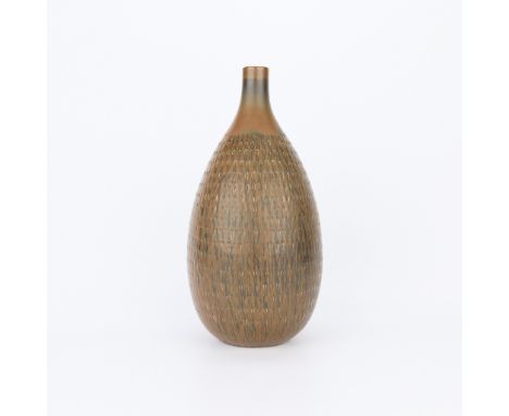 Stig Lindberg (Swedish, 1916-1982) for Gustavsberg, Sweden. Rare and monumental Stig Lindberg vase. Tooled surface with a ric