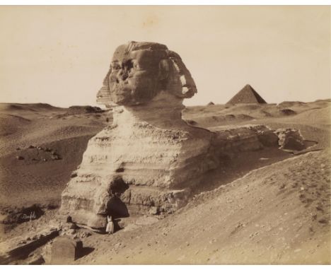 Maison Bonfils (France). Late 19th century albumen photograph print depicting The Great Sphinx and The Great Pyramid of Giza,