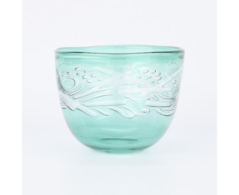 Eva Englund (Swedish, 1937-1998) for Orrefors, Sweden. Unique green glass bowl depicting an abstract geometric "rushing water