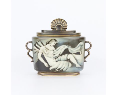 Gunnar Nylund (Swedish, 1904-1997) for Rorstrand, Sweden. Art Deco ceramic urn or lidded vessel depicting a reclining nude wo