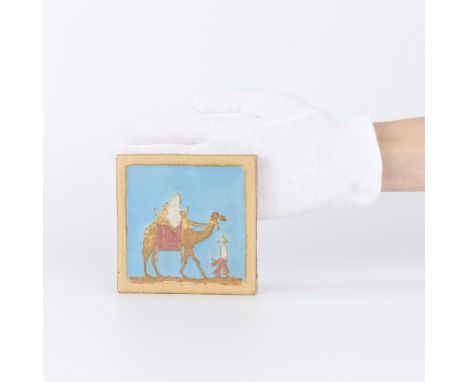 The Mosaic Tile Company, Zanesville, Ohio. American Arts &amp; Crafts ceramic pottery tile depicting a figure leading a camel