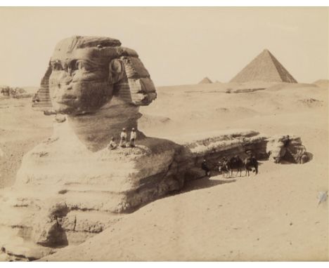 Jean Pascal Sebah (Syrian/Armenian, 1872-1947). Late 19th century albumen photograph print depicting figures camels posing at