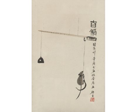Attributed Lou Shibai (Chinese, 1918-2012). Ink on scroll painting depicting a rodent on a set of scales. Commissioned by the