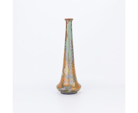 Gouda Pottery, Netherlands. Striking tall ceramic vase with teal, orange, and purple geometric Art Nouveau designs. With a sl