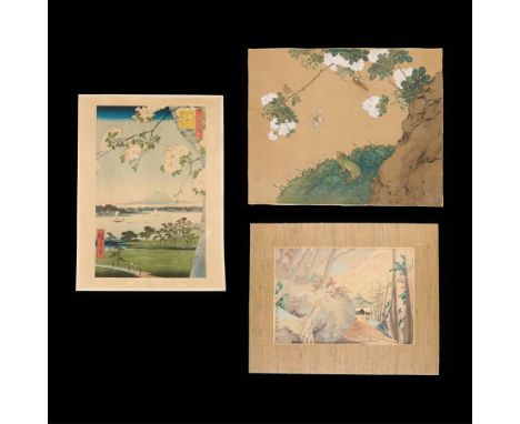 Group of three Asian artworks including:One color on silk painting depicting a frog watching a butterfly or moth and a cricke