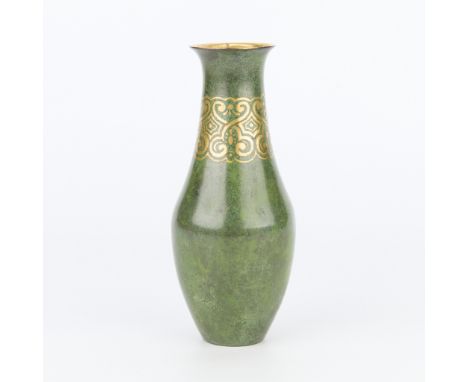 Christofle, France. Small Art Deco patinated and gilt bronze bottle-form dinanderie vase, early 20th century. With gilt folia