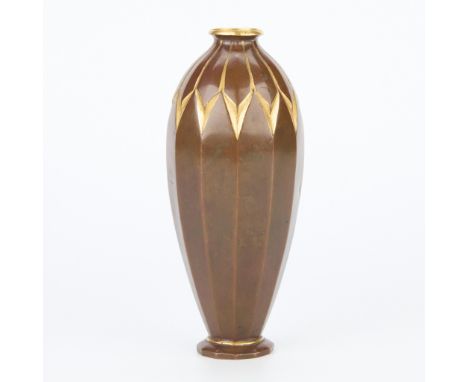 Christofle, France. Small Art Deco patinated and gilt bronze dinanderie vase, early 20th century. With gilt accents along the