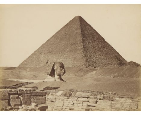 Late 19th century albumen photograph print depicting ruins in front of the Great Sphinx and the Great Pyramid of Giza, ca. 18