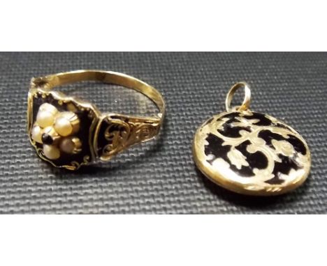 Victorian gold black enamel ladies' morning ring set with 5 seed pearls, weight 2.2g approx; together with a gold black ename