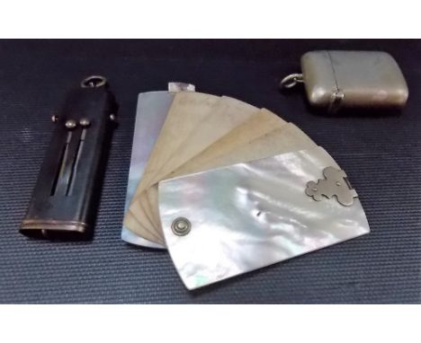 Mother of pearl and ivory tablet rectangular folding writing tablet and a nickel vesta case (2).