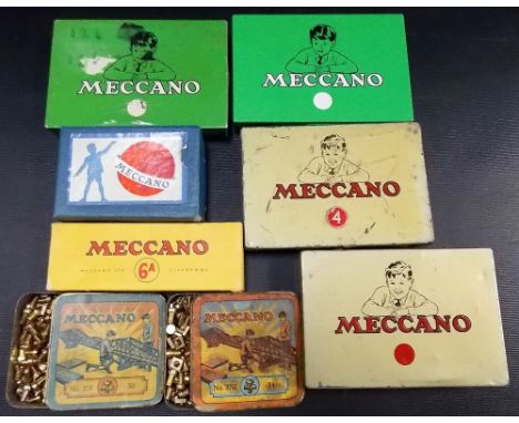 Seven vintage Meccano tins for small parts; together with a 6A cardboard small parts box 