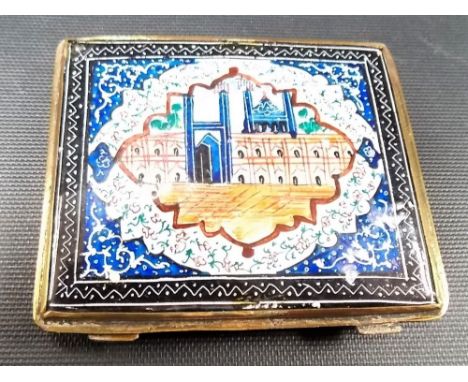 Indian polychrome enamel on metal rectangular cigarette case, one side depicting a building within a reserve, on the back a b