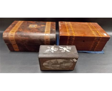 20th Century Chinese mother of pearl inlaid ebonised rectangular box, width 7.25in; together with two parquetry inlaid writin