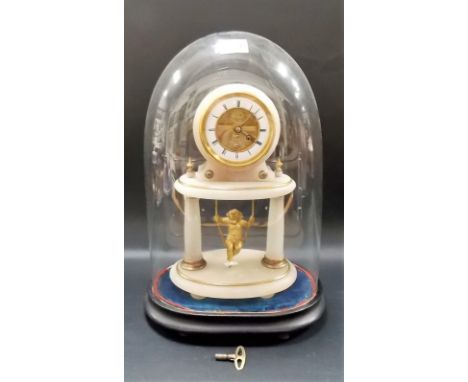 19th Century French white onyx timepiece, with 3in white enamel chapter ring with black Roman numerals and with visible movem