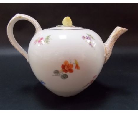 19th Century Meissen ovoid teapot painted with floral sprays and with rose knop finial, blue underglaze cross swords mark to 