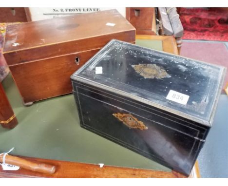 Victorian ebonised brass inlaid rectangular work box with single lift out small tray, width 10in (af); together with a 19th C