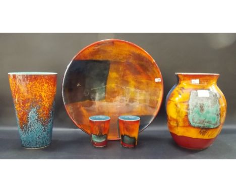 Five pieces of modern Poole Pottery Delphis items including two vases, a bowl and two small vases.