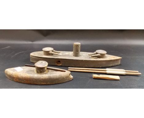 Vintage WWI wooden painted wood spring-loaded submarine and torpedo boat scratch-built exploding toy 
