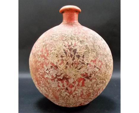 Papier Mache painted Persian design moon flask, decorated with foliate scrolls and birds and two stylised lozenges, traces of