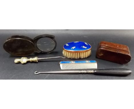 Treen hinged snuff box; together with a horn framed folding magnifying glass, enamel on metal hairbrush and comb etc. 