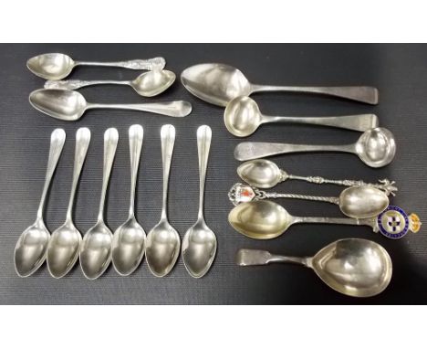 George III silver fiddle pattern caddy spoon by William Eley and William Fearn, London 1799; together with 15 various silver 