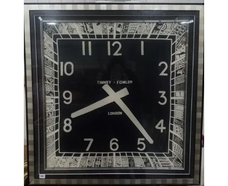Large Timney Fowler London printed scarf in the form of a clock, framed.